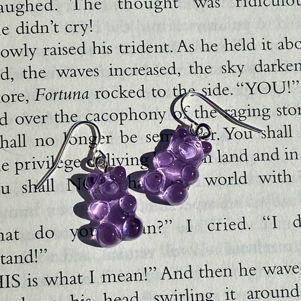 Purple gummy bear dangle earrings
